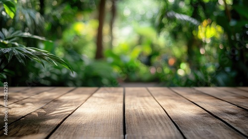 wooden decking with blurred jungle in background, product display mockup