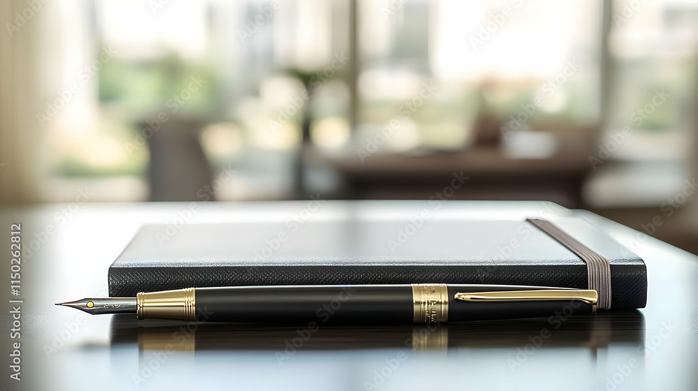 Minimalist Office Desk with Pen and Notebook Symbolizing Focused Work Environment - Creativity Planning Concept Minimalist Office Desk with Pen and Notebook Symbolizing Focused Work Environment - Creativity Planning Concept