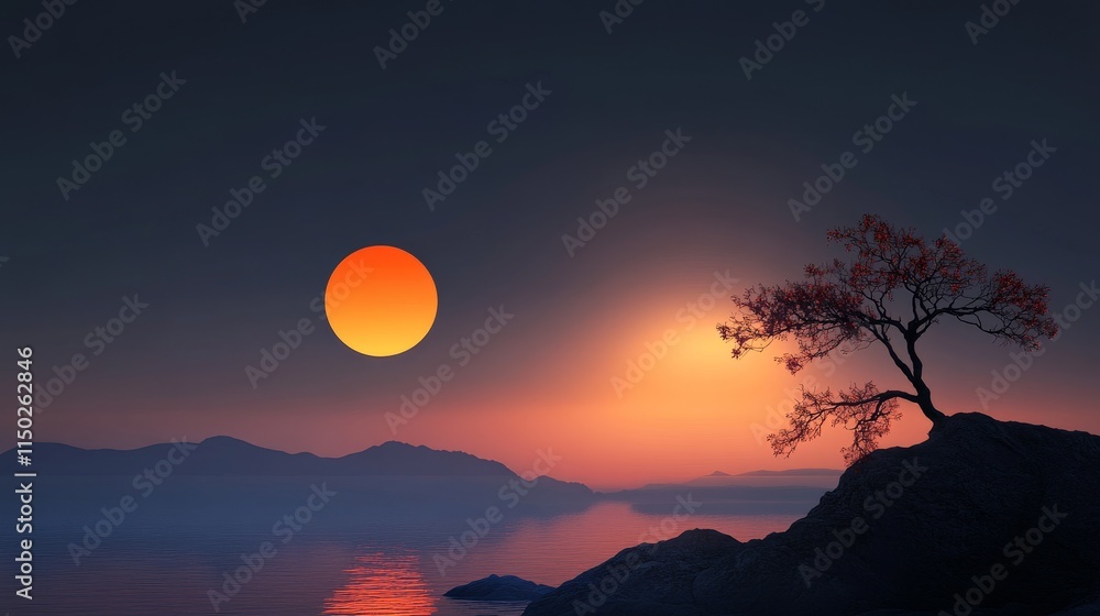 Obraz premium Serene Sunset Landscape - Tranquil sunset scene, lone tree, calm water, vibrant sun, misty mountains. Symbolizing peace, solitude, nature, hope, and serenity.