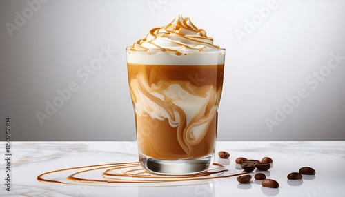 Generated image artisanal iced caramel macchiato layered coffee and milk caramel drizzle frosted glass artis photo