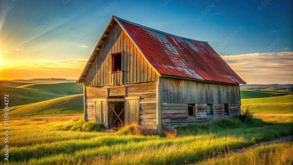 Rustic Wooden Barn at Sunset in Rolling Green Fields Rustic Wooden Barn at Sunset in Rolling Green Fields