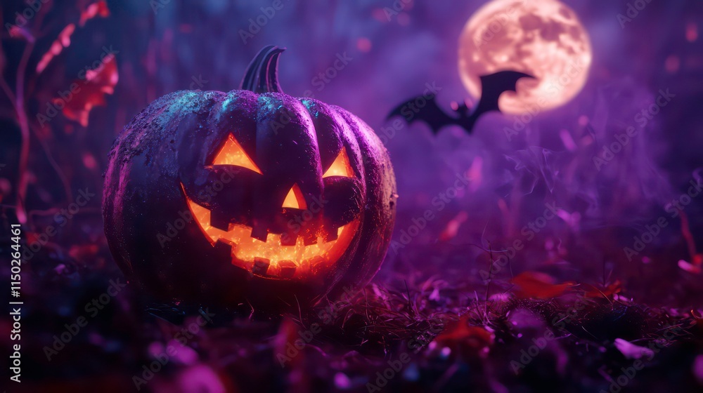 Halloween pumpkin on purple scary background with bats and full moon Halloween pumpkin on purple scary background with bats and full moon