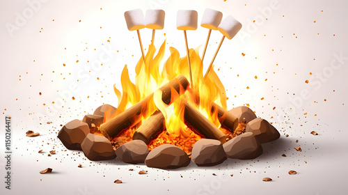 Vector image of a campfire with marshmallows on sticks isolated on white background. concept as A vibrant vector illustration of a campfire with marshmallows on sticks held above the flames representi photo