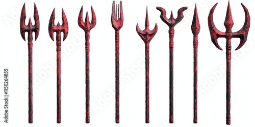 Set collection of devil demon satan red rustic trident pitchfork fork weapon, on white background cutout. Mockup template for artwork design