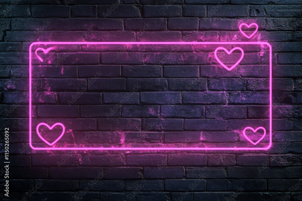 Neon pink rectangular frame with heart shapes on dark brick wall. Heart-shaped lights around corners, stylish Valentine's decoration. Neon pink rectangular frame with heart shapes on dark brick wall. Heart-shaped lights around corners, stylish Valentine's decoration.