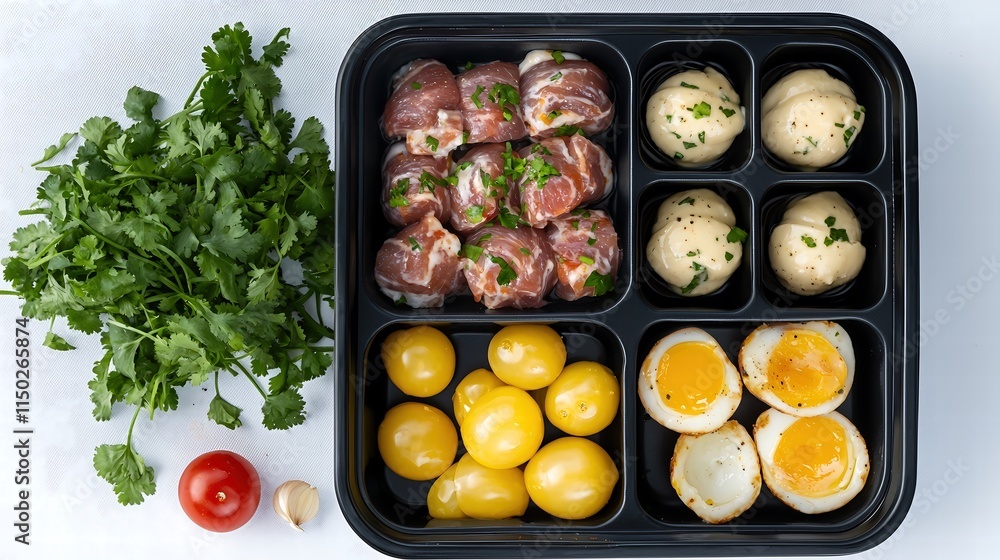 Mock-up of a meal prep container with compartmentalized sections, displayed with fresh ingredients on a white background, ample room for text, balanced composition, Mock-up of a meal prep container with compartmentalized sections, displayed with fresh ingredients on a white background, ample room for text, balanced composition,
