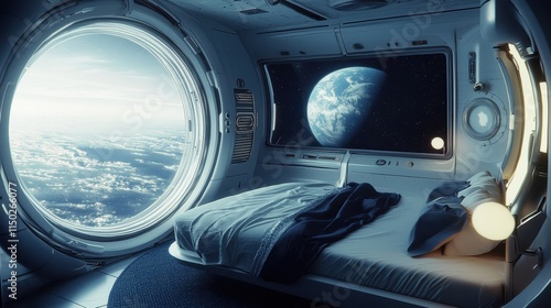 Fototapeta Naklejka Na Ścianę i Meble -  Unique bedroom design featuring a stunning view from a space station.