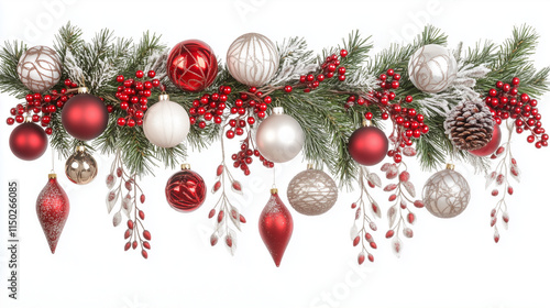 Christmas Holiday Festive Border with Pine Branches Red Berries and Ornaments in Red White and Silver with Copy Space