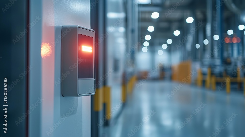 Industrial Sensor with Red Light in Modern Facility Industrial Sensor with Red Light in Modern Facility