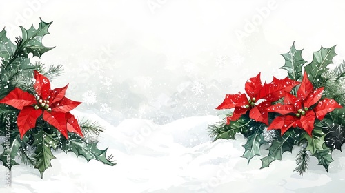 Beautiful Christmas Border Design Featuring Poinsettias and Holly Leaves Ideal for Festive Greeting Cards, Gifts, and Seasonal Decorations
