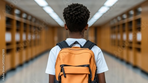 A young student with an orange backpack stands centered in a brightly lit hallway, embodying youth and solitude in an educational environment. photo