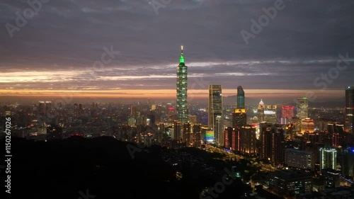 Wallpaper Mural Drone aerial view of Taipei, Taiwan and sunset sky. Torontodigital.ca