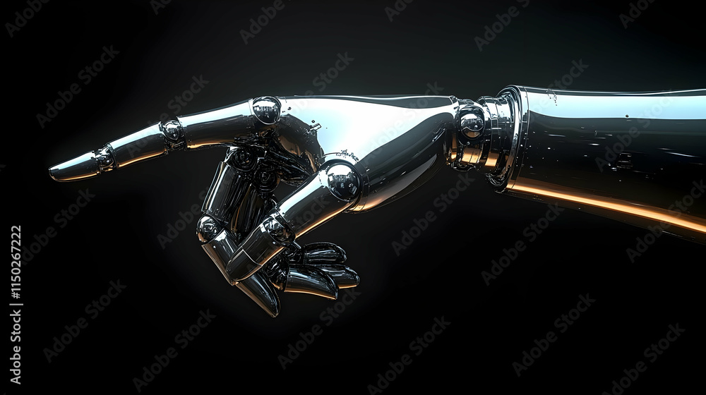 Glossy robot hand pointing on plain black background concept as A glossy robot hand pointing forward is set against a plain black background leaving ample copy space. This image represents AI directin Glossy robot hand pointing on plain black background concept as A glossy robot hand pointing forward is set against a plain black background leaving ample copy space. This image represents AI directin