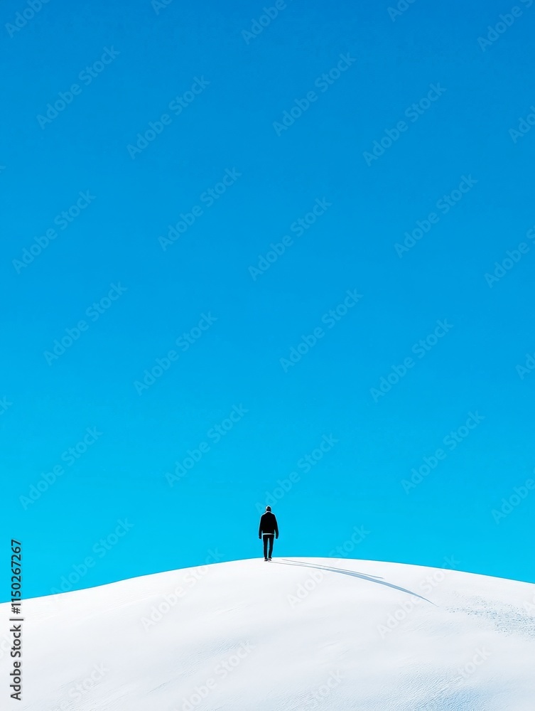 Solitary Figure on Snowy Hill Against Blue Sky - A minimalist image depicting solitude, journey, hope, freedom, and peace. A single person walks away on a snow covered hill under a vibrant blue sky. Solitary Figure on Snowy Hill Against Blue Sky - A minimalist image depicting solitude, journey, hope, freedom, and peace. A single person walks away on a snow covered hill under a vibrant blue sky.