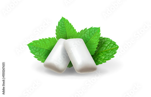 White chewing gum and green mint for fresh breath. Bubblegum pads with spearmint leaves. Chewing menthol dragee isolated Dental health illustration