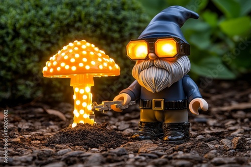 A cyberpunk gnome with glowing goggles and a futuristic toolbelt, working on a neon-lit robotic mushroom in a dark urban garden photo