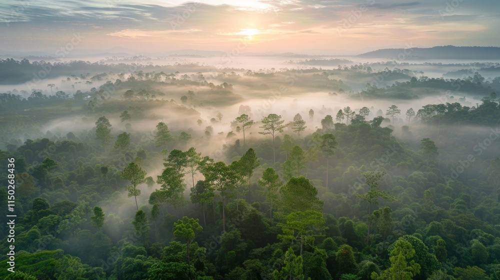 Serene forest at dawn a misty scene with trees fading into fog captured in realism Serene forest at dawn a misty scene with trees fading into fog captured in realism