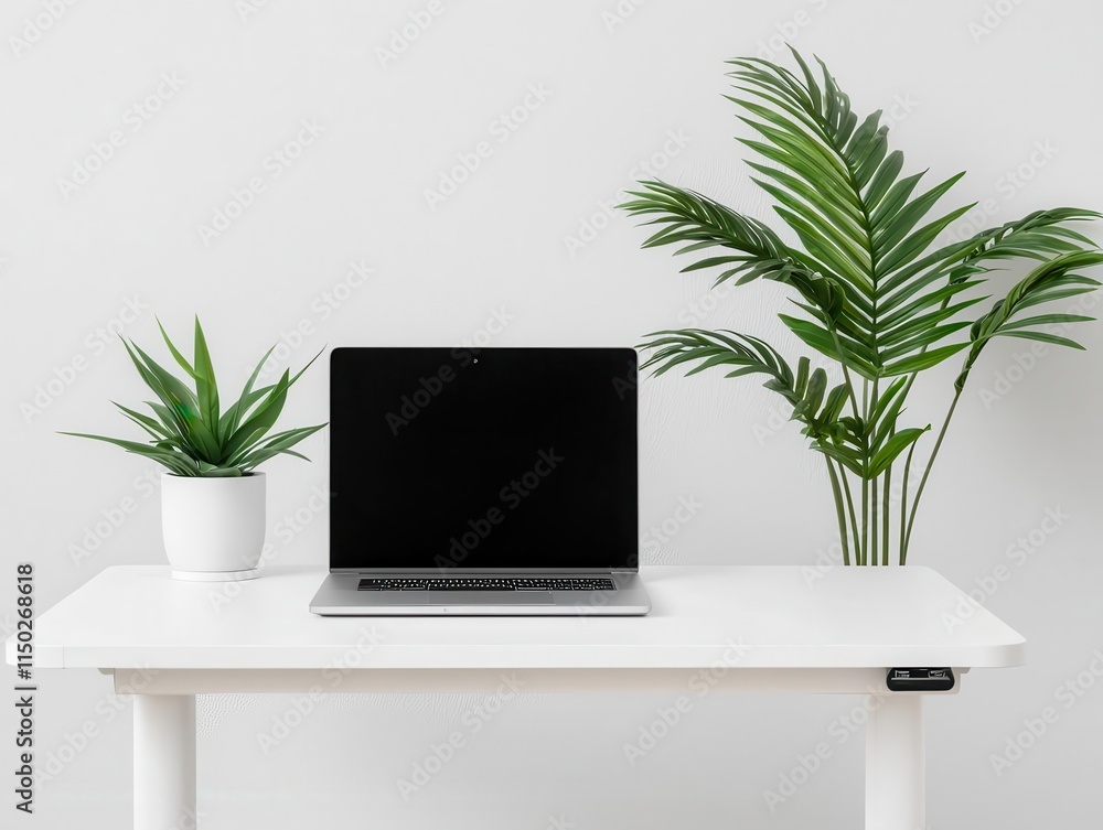 Fototapeta premium Calm office scene with standing desk and natural light, wellnessoriented workplace, organic design