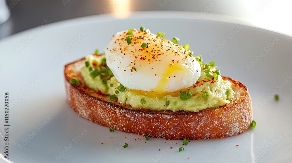 Golden Brown Toast With Creamy Avocado and a Poached Egg, Garnished With Spice Golden Brown Toast With Creamy Avocado and a Poached Egg, Garnished With Spice