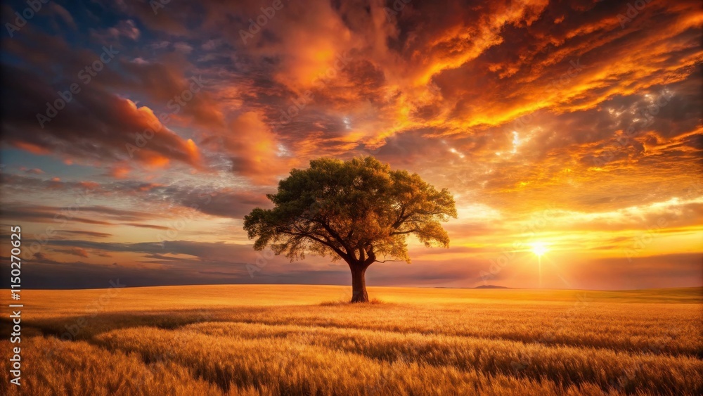 Fototapeta premium Solitary Tree in Golden Wheat Field at Sunset with Dramatic Sky
