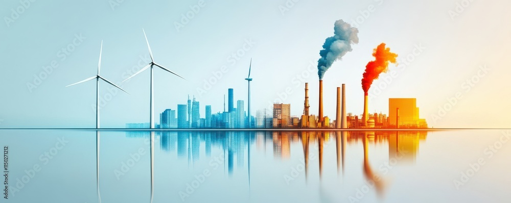 Fototapeta premium A skyline featuring clean energy and industrial pollution contrast.