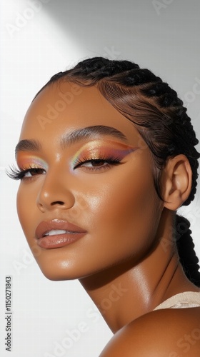 Stunning Rainbow Eye Makeup Look on a Woman with Braids