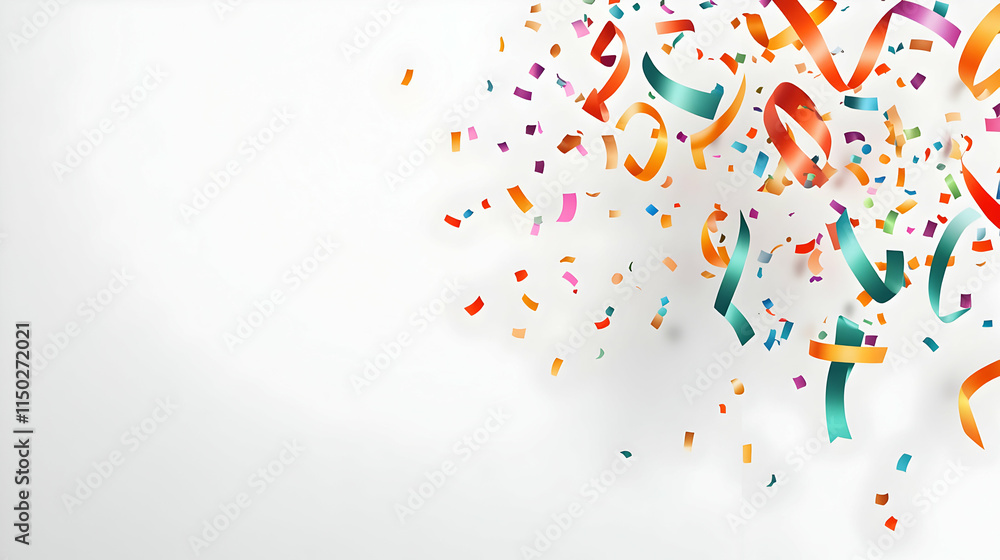 Fototapeta premium Vibrant Confetti Burst with Colorful Ribbons Isolated on White for Celebratory Events and Festive Gatherings