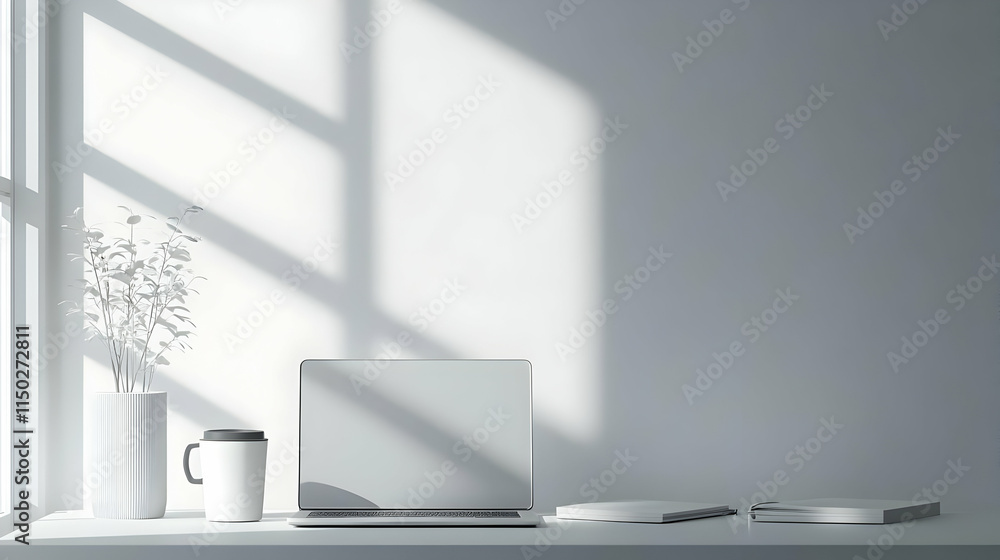 Minimalist Workspace with Laptop Coffee Notebook on Plain Background for Business Education Remote Work Minimalist Workspace with Laptop Coffee Notebook on Plain Background for Business Education Remote Work