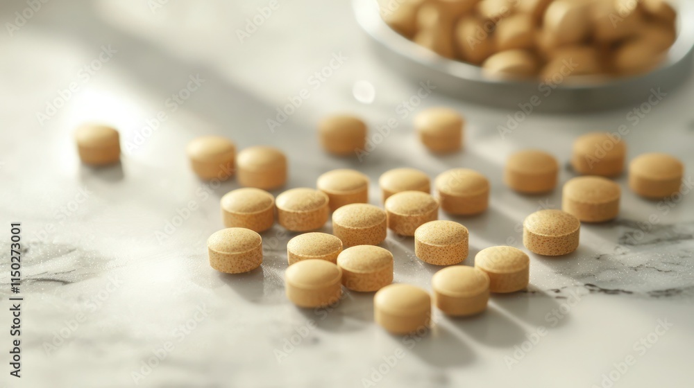 A close-up of common over-the-counter pain relief tablets scattered on a countertop. A close-up of common over-the-counter pain relief tablets scattered on a countertop.
