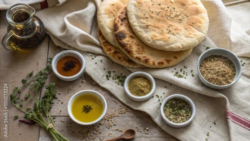 Baladi bread served with a variety of flavorful dipping sauces in a cozy setting