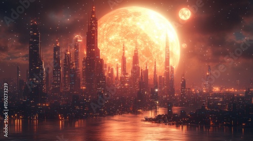 Wallpaper Mural A futuristic cityscape under a large, luminous moon and stars, creating a surreal atmosphere. Torontodigital.ca