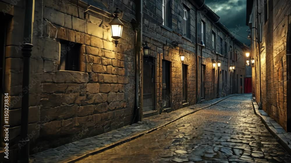 Video with Ancient cobblestone alley with flickering torches under a stormy sky.
Video with Ancient cobblestone alley with flickering torches under a stormy sky.