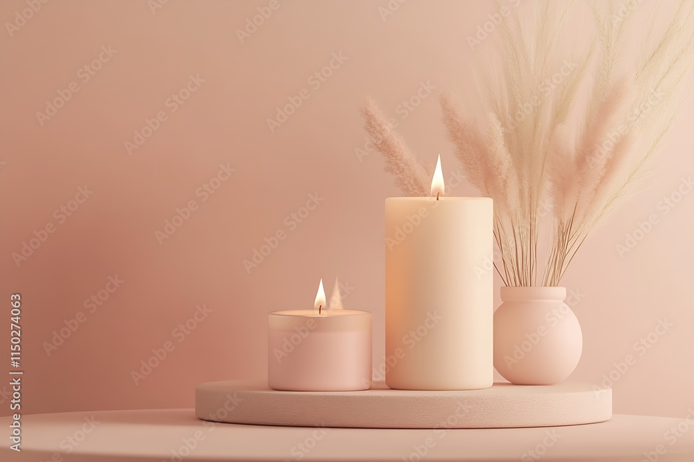 Serene Home Vibe with Simple Candle and Dried Plant Decor : Generative AI Serene Home Vibe with Simple Candle and Dried Plant Decor : Generative AI