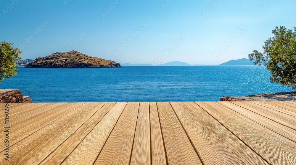 Fototapeta premium Wooden table on the background of the sea, island and the blue sky. High quality photo
