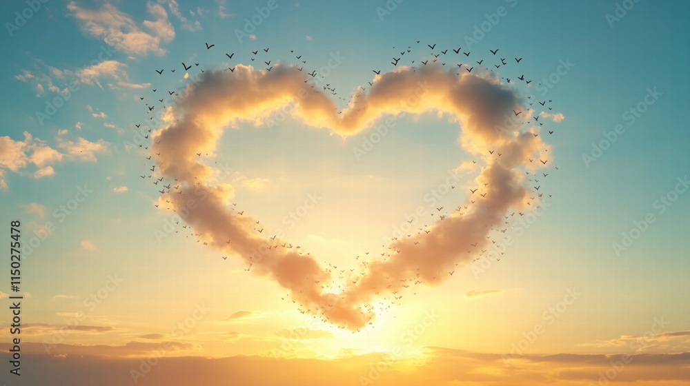 Naklejka premium Heart-shaped cloud surrounded by birds during a vibrant sunset. Love and nature theme