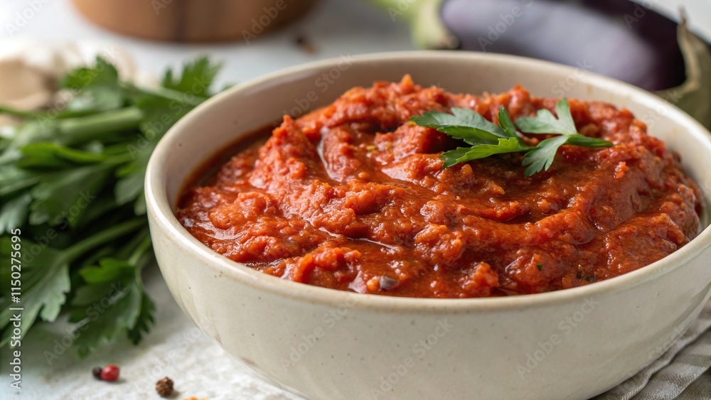 Close up of ajvar texture showcasing rich flavors and chunky ingredients in a rustic setting Close up of ajvar texture showcasing rich flavors and chunky ingredients in a rustic setting