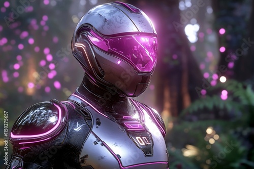 A futuristic gnome clad in metallic armor with glowing neon accents, standing in a high-tech forest of bioengineered plants under neon lighting