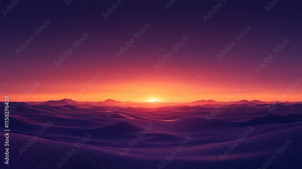 Panoramic view of a golden desert sunrise, with rippling sand dunes illuminated by the warm dawn light. The sky transitions from deep purple to brilliant orange, capturing serene beauty. Panoramic view of a golden desert sunrise, with rippling sand dunes illuminated by the warm dawn light. The sky transitions from deep purple to brilliant orange, capturing serene beauty.