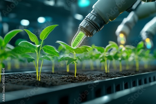 A futuristic lab scene featuring glowing GMO seeds being examined by robotic arms under sterile, blue-toned lighting