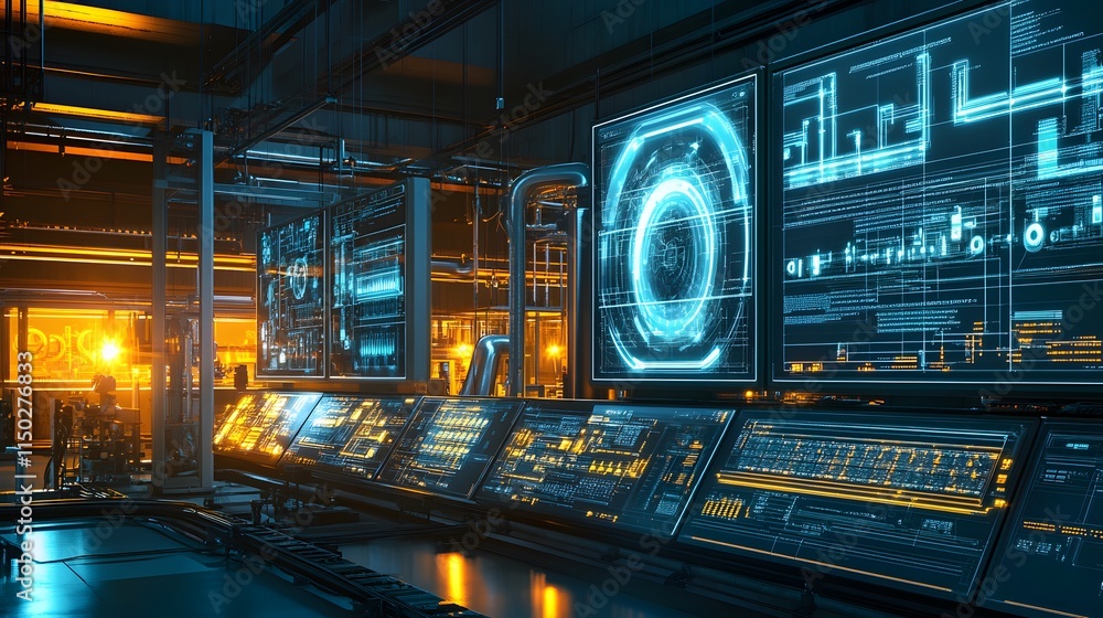Dark industrial site with glowing monitors showing fluid systems, intense lighting. Dark industrial site with glowing monitors showing fluid systems, intense lighting.