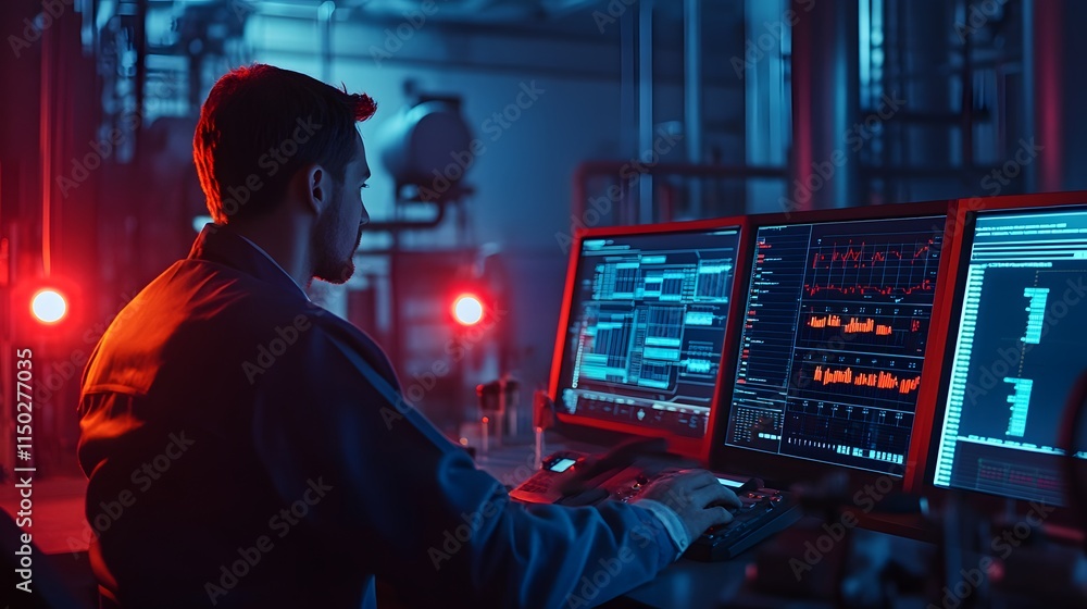 Engineer analyzing live industrial data in dimly lit room, red alert lights flashing. Engineer analyzing live industrial data in dimly lit room, red alert lights flashing.