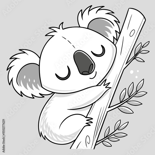 Adorable Sleeping Koala Coloring Page: Monochrome Cartoon Animal Illustration.