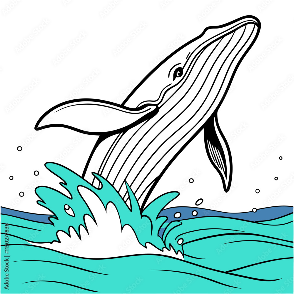 Humpback Whale Breaching - Line Art - Ocean - Turquoise - Kids. Humpback Whale Breaching - Line Art - Ocean - Turquoise - Kids.