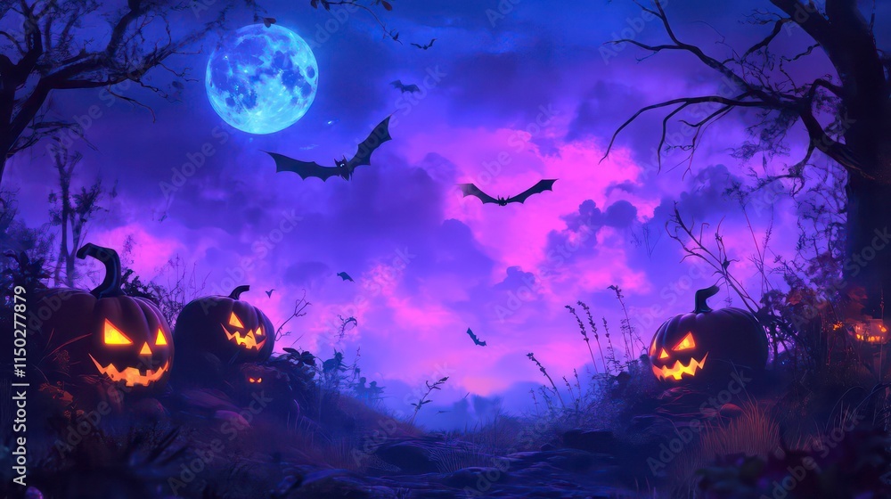 Jack-o'-lanterns glow under a purple night sky, bats fly, full moon. Jack-o'-lanterns glow under a purple night sky, bats fly, full moon.