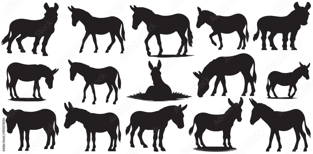 Donkey silhouettes set. Donkey Silhouettes in Different Poses. Silhouettes of donkey vector Donkey silhouettes set. Donkey Silhouettes in Different Poses. Silhouettes of donkey vector