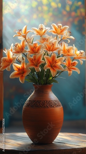 Wallpaper Mural Sunlit orange lilies in a rustic terracotta vase. Torontodigital.ca