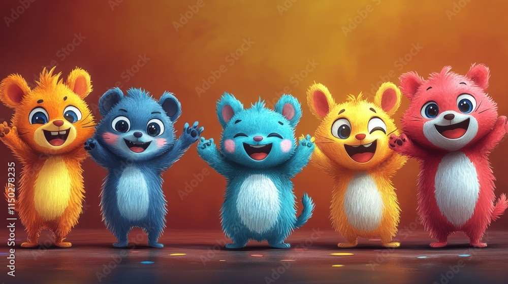 Obraz premium Five colorful, fluffy creatures joyfully pose.
