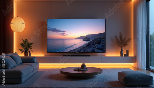 Curved TV Mockup displaying serene coastal sunset in modern living room setting