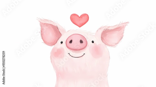 Watercolor valentine with cute animal. Cute watercolor pig illustration with a heart above its head, exuding charm and warmth.