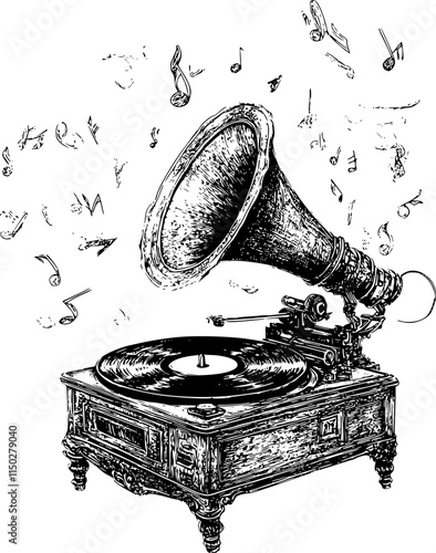 Vintage gramophone emitting musical notes.